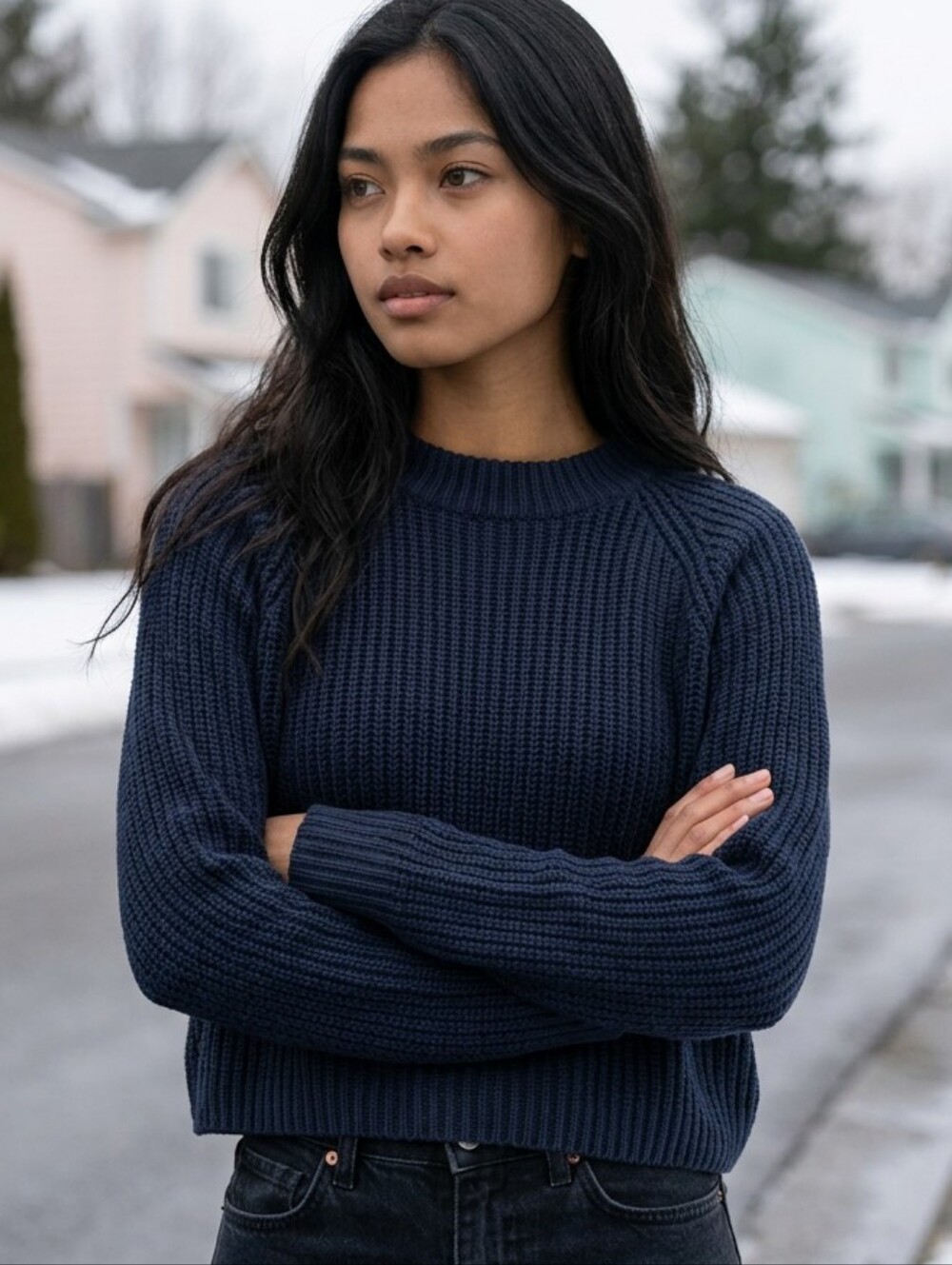 Women's American Apparel Navy Ribbed Crew Neck Crop Knit Sweater L
